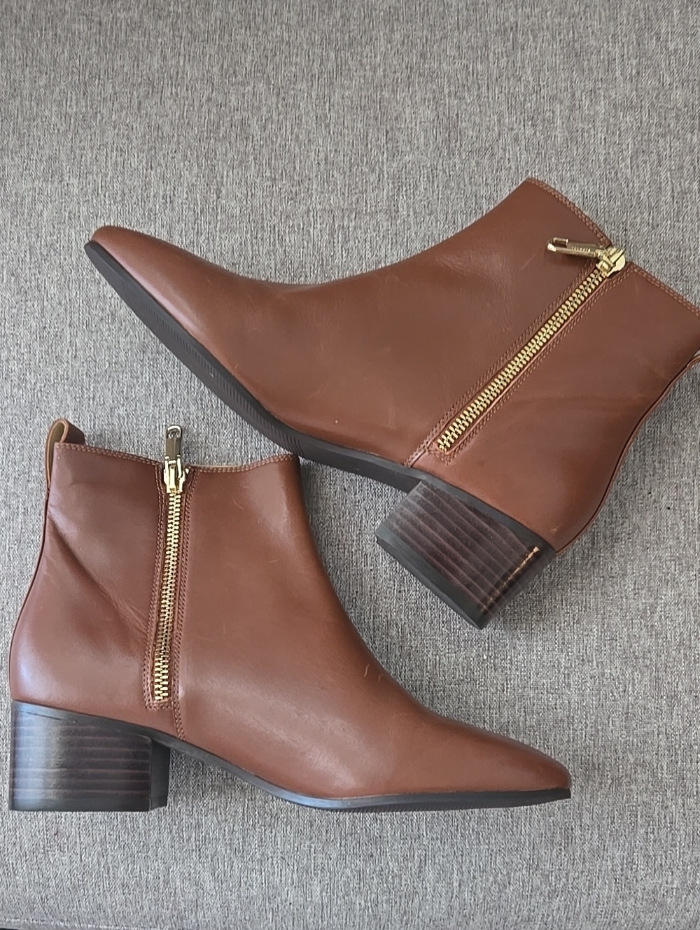 Talbots Chestnut Brown Leather Ankle Booties with Gold Zippers